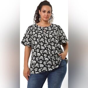NEW Agnes Orinda Women’s Short Sleeve Black & White Floral Print Blouse (2X)
